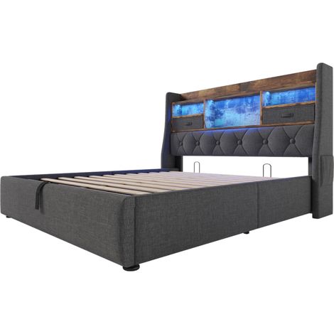 Cama canapé 160x200 cm de lino gris con cabecero LED, USB/Type-C, sin colchón (1/5)