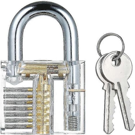 Préparation d'un cadenas transparent, d'un outil de crochetage visible et d'un serrurier en entraînement au crochetage. (1/5)