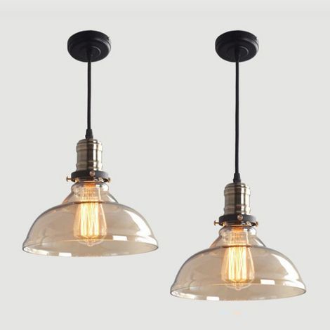 2 Piezas Lámpara Colgante Industrial Vintage Lámpara de Techo Pantalla de Cristal Colgante de Luz Ajustable Ámbar Ø20x26cm (1/5)