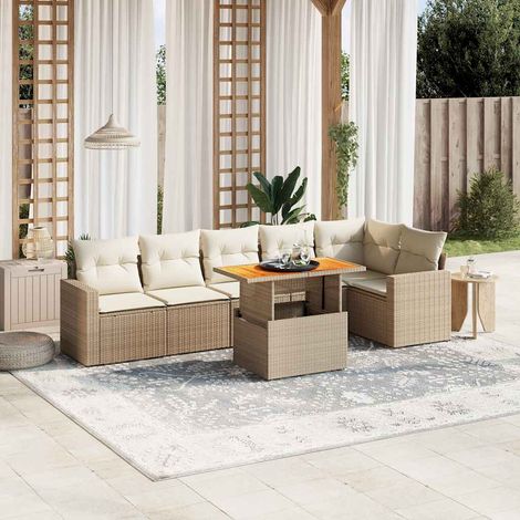 Canapé de jardin 7 pièces en résine tressée beige avec coussins déhoussables – Table réglable 100x55 cm (1/3)