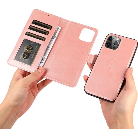 Hülle aus roségoldenem Kalbsleder für iPhone 13, 2-in-1-Hülle mit 2-in-1-Magnetkartenhalter