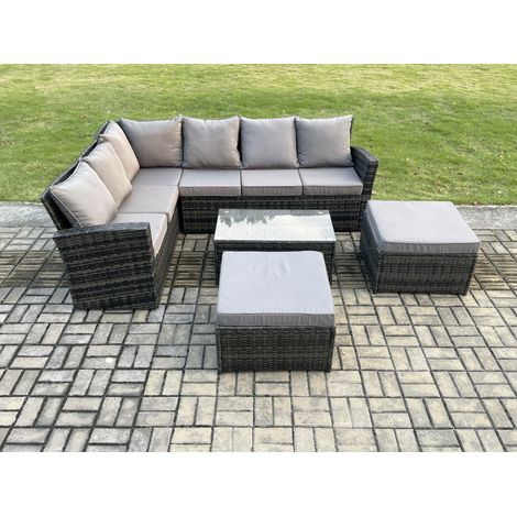 Fimous 8 places Dos haut Ensemble de meubles de jardin en rotin avec Table basse rectangulaire 2 Grands Tabourets Gris foncé mélangé (1/5)