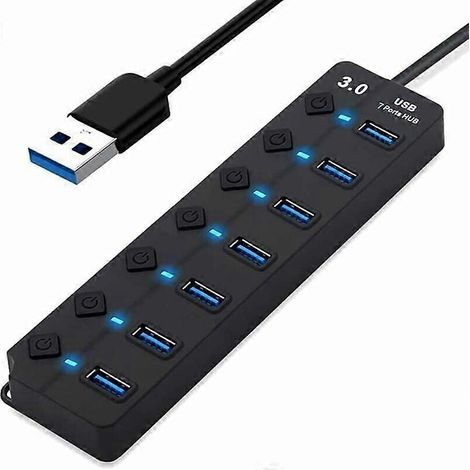 Hub USB 3.0 PANPEO à 7 ports avec câble d'extension USB de 90 cm pour ordinateurs portables, PC, Surface Pro, PS4/5, clés USB et disques durs externes. (1/5)