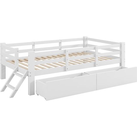 Cama infantil plataforma 90x200 cm blanca con barreras de protección y 2 cajones (1/5)