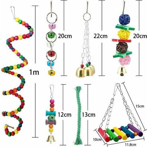 Ensemble de 7 jouets à mâcher en bois naturel pour perroquets, comprenant des clochettes suspendues et une balançoire pour cage, convenant aux canaris et aux perruches ondulées. (1/4)