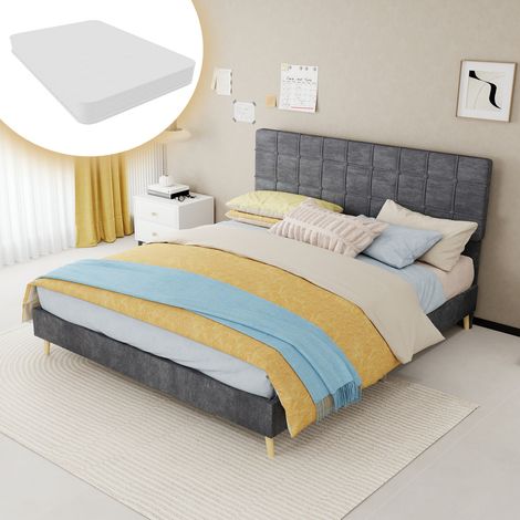 Cama doble 160x200 cm gris en tela y metal con cabecero acolchado y colchón incluido (1/5)