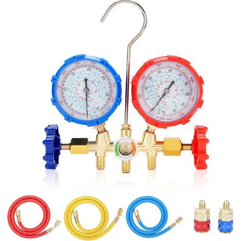 Air conditioning manifold diagnostic pressure gauge kit, 3-way air conditioning manifold pressure gauge kit, compatible with R134A R12 R22 R502 refrigerant, with quick hose connectors (1/5)