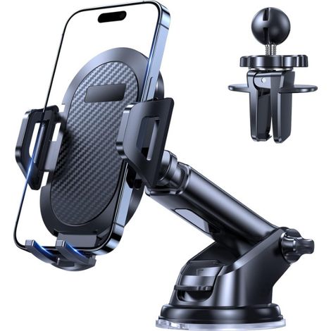 Soporte para teléfono de coche [Ventosa potente y clip militar] Soporte para teléfono de coche apto para salpicadero, parabrisas y rejilla de ventilación. Compatible con todos los smartphones de 4 a 7