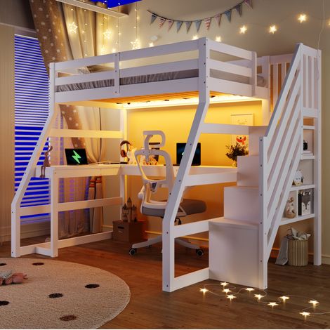 Lit mezzanine 140 x 200 cm en MDF blanc avec bureau, LED et escalier de rangement (1/5)