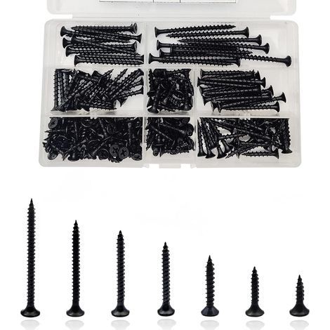 185 Pieces - Wood Screws - Self-Tapping Screws - Flat Cross Head M4 for Furniture and placo - Black Carbon Steel - 16x60mm (1/5)