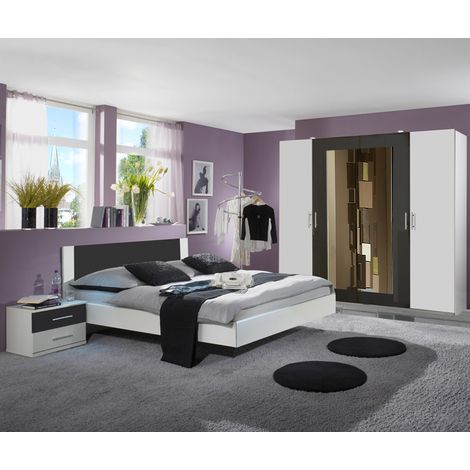 Pegane – Chambre complète adulte 160x200 cm en panneaux de particules mélaminés blanc et anthracite – Lit futon avec 2 tables de chevet et armoire 4 portes (1/2)