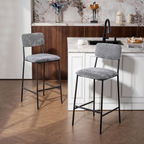 Lot de Chaises 2 pièces tabourets de bar hauts rembourrage dossier repose-pieds revêtement tissu acier gris (1/5)