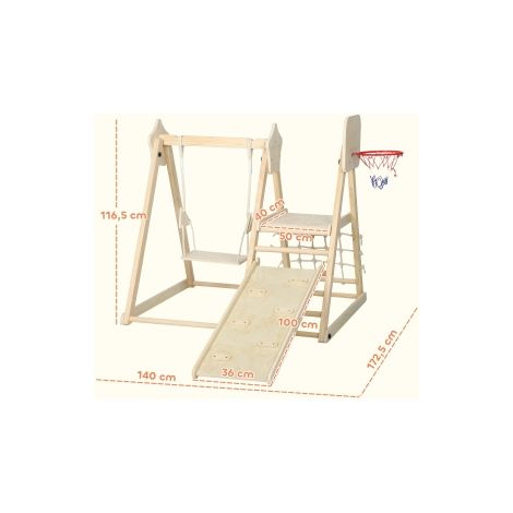 Structure d'escalade enfant 5-en-1 pliable en bois naturel avec toboggan, balançoire, filet et panier pour chambre et salle de jeux (1/5)