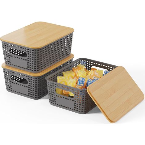 Lot de 3 Boîte de rangement avec Couvercle en Bambou, Plastique PP, Empilable, 5 L, pour Cuisine et Salle de bain (1/5)
