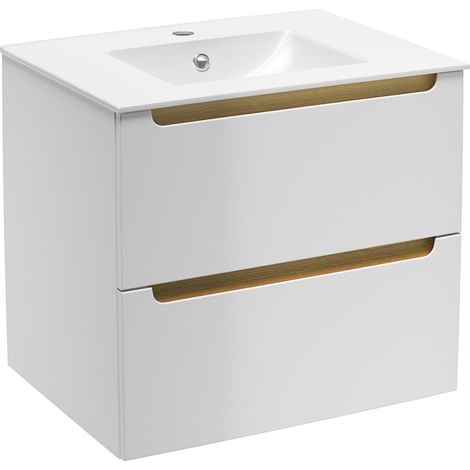 Naturel – Meuble avec vasque simple 60x45 cm – STILLAD06056U1 – MDF laqué blanc brillant – 2 tiroirs Soft Close – Montage suspendu