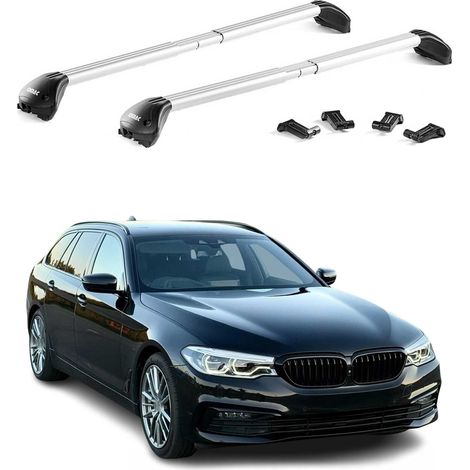 OMAC Barres de toit transversales certifiées TÜV pour BMW Série 5 Break G31 2017-2023 – Verrouillables (4 antivols) – Charge max 100 kg – Fixation durable Argent (1/4)