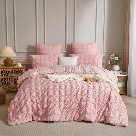 Seersucker Bettwäsche 155x220cm kariert rosa, kühlend, atmungsaktiv, bügelfrei