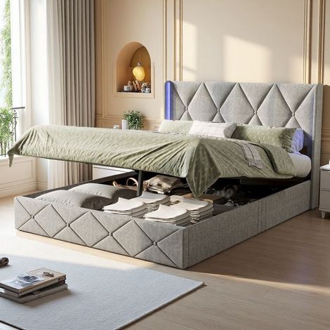 Letto di stoccaggio idraulico - Letto matrimoniale 160x200 - Velluto grigio ghiacciato trapuntato - LED RGB telecomandato - Spazio di stoccaggio 0.3m³