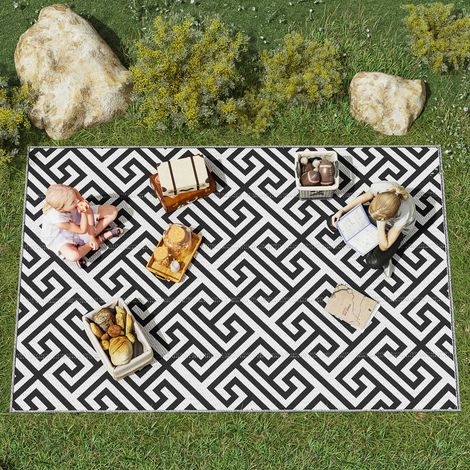 Wendbarer Outdoor-Teppich 182 x 274 cm mit geometrischem Muster, wasserabweisend, schwarz-weiß