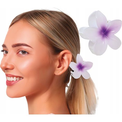 Pinza para el cabello blanca y morada con flores, diseño de carnaval primaveral hawaiano Aloha, 8 cm. (1/5)