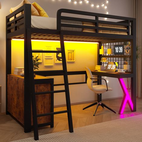 Lit mezzanine 90x200 cm avec bureau intégré, armoire de rangement et bande lumineuse LED, lit surélevé gain de place pour chambre, sans matelas, noir (1/5)