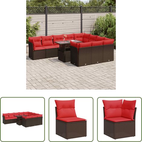 Gartentisch - 11-tlg. Garten-Sofagarnitur mit Kissen Braun Poly Rattan Akazie (1/5)