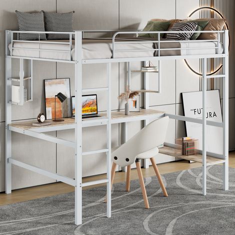 Letto a soppalco moderno 90x200 cm in metallo bianco con scrivania, 4 ripiani, libreria e protezioni (1/5)
