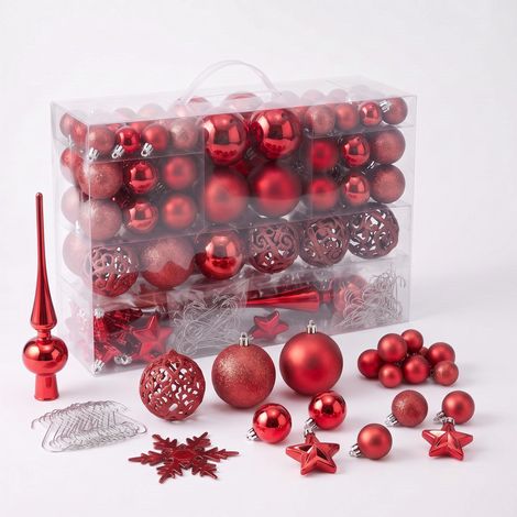 Kunststoff Christbaumkugel Set 111-teilig bruchsicher - rot - Design Weihnachtskugeln inklusive Metall Haken