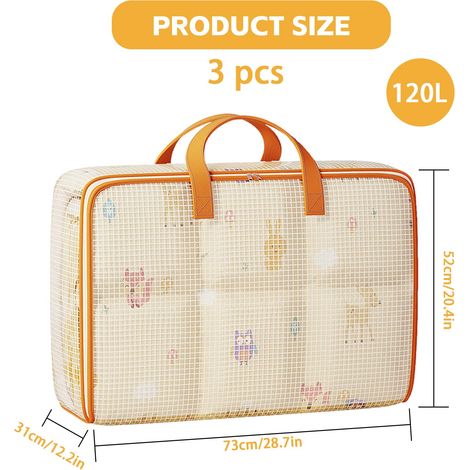 Set di 3 grandi sacchi portaoggetti da 120 litri, pieghevoli, organizer sottoletto per piumoni, impermeabili con manici rinforzati, per piumoni, coperte, cuscini, giacche (1/4)
