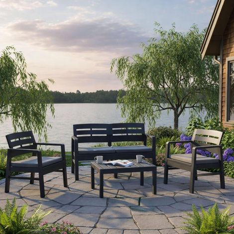 Ensemble de salon d'extérieur, Composition de jardin avec 2 fauteuils, 1 canapé et 1 table basse, Salon intérieur et extérieur avec coussins, Anthracite (1/5)