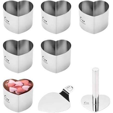 Lot de moules à gâteau en Forme de cœur, Anneaux à Dessert et Anneaux à gâteau, avec Pelle et Pilon, en Acier Inoxydable,forme de cœur,-