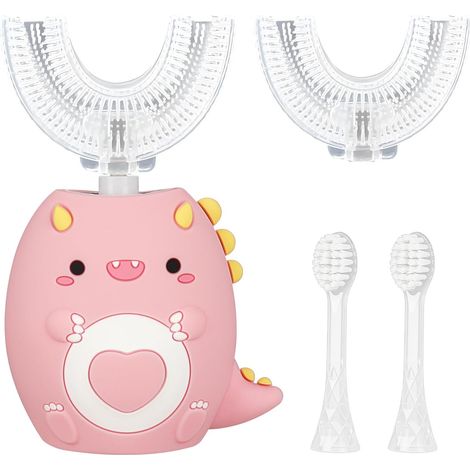 Brosse à Dents en Forme de U pour Enfants, 360°Brosse à Dents Électrique avec 2 Têtes de Brosses en Silicone en Forme de U et 2 Têtes de Brosses Standard, Brosse A Dent Enfant 2-12 Ans (E) (1/5)