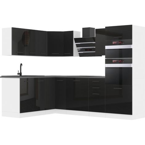 Belini – Cuisine complète L-Forme avec plan de travail noir brillant – Dimensions 60x360x204 cm – Système de fermeture silencieuse – Tiroirs en métal (1/4)
