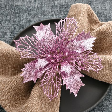 (1 Stück) (Rosa) Weihnachtlicher Serviettenring aus Stoff mit Blumenmuster und Knopf (1/3)