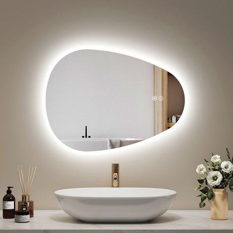 EMKE LED-Badspiegel 60x45 cm, unregelmäßige Tropfenform, 3 Lichtfarben, dimmbar, Antibeschlag, Touch-Bedienung (1/5)
