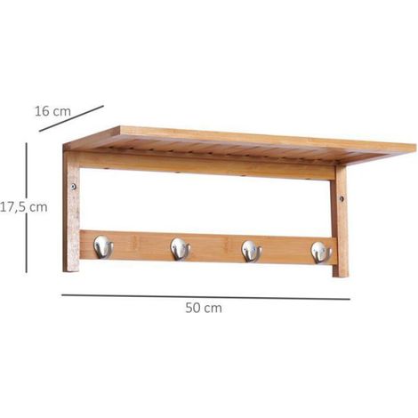 Porte-Manteau Mural - Bambou - 50 L x 16 l x 17,5 H cm - 4 Patères + Étagère - Pour Entrée Salle De Bain Chambre - 1 Pièce (1/4)