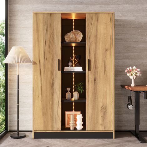 DESMIU Bibliothèque Vitrine LED avec 2 Portes et Niche Ouverte pour Salon ou Bureau, Noir et Chêne, 95 × 35 × 160 cm (1/5)