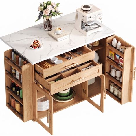 ELVMI Carro de Cocina con 2 Puertas, 2 Cajones, Estantes Regulables y Encimera Abatible, MDF, 120 x 45 (70) x 90 cm (1/5)