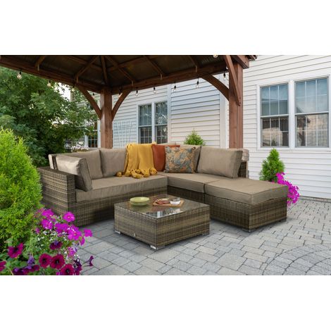 Signature Weave Savannah Wicker Corner Sofa Chair Coffee Table Set Natural Brown