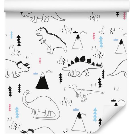 Carta da parati con dinosauri, nuvole, montagne e alberi per soggiorno e camera da letto, 50x1000 cm. (1/5)
