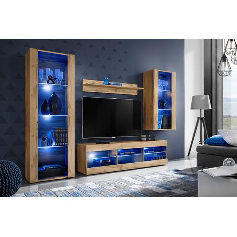 Komodee Ensemble de Meubles Tivoli Medio, Wotan/Wotan, Largeur 245cm x Hauteur 159cm x Profondeur 35cm, LED Blu, 3 étagères, pour Salon, Chambre, Entrée