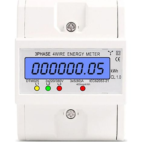 Disjoncteur Rail DIN triphasé 4 Fils, wattmètre électronique, Compteur de consommation d'énergie 5-80 A 380 V CA 50 Hz, rétroéclairage LCD (1/4)