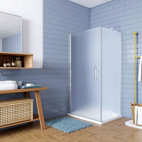 195cm Box Doccia Angolare Porta Battente con Parete Fissa 80x80cm in Vetro Temperato Satinato Opaco 6 mm Anticalcare con Barra Stabilizzatrice 90 cm (montaggio verso irreversibile) (1/5)