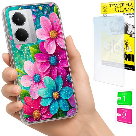 Custodia per Realme 14 5G / 14T 5G con foto, cover posteriore con fiori e vetro 9H. (1/5)