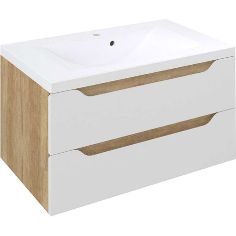 Sapho Wave - Waschbeckenunterschrank 80 x 45 x 48 cm, 2 Schubladen, weiß/Eiche Alabama WA080-3022 (1/5)