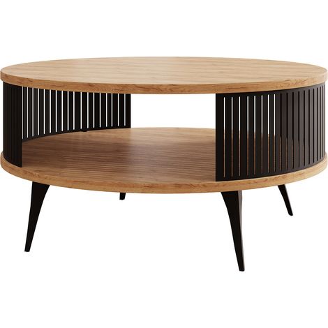 Bestmobilier – Table basse ronde 75 cm – Aspect chêne naturel et noir – 1 niche – Acier et panneaux de particules – Résistante à l'humidité et aux rayures (1/4)