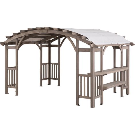 Sunjoy – Pergola en bois de cèdre 427x305cm – Toit gris résistant aux intempéries – Étagère intégrée pour divertissement – Tonnelle arquée