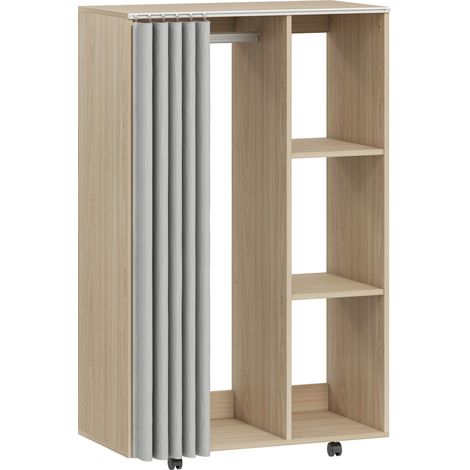 Armoire Penderie Waldwyn sur Roulettes 3 Compartiments Rideaux Naturel