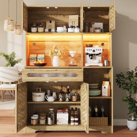 Armoire Haute pour Salon, Buffet De Cuisine, Vitrine avec LED, Porte Tissée en MDF, Meuble De Rangement avec Schubladen, pour Cuisine, Salon, Salle À Manger, Bar, Naturel, 120x40x180 cm (1/5)
