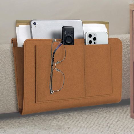 Organiseur mural en feutre pour canapé et lit - 5 compartiments pour rangement journal, lunettes, smartphone - Marron (1/5)